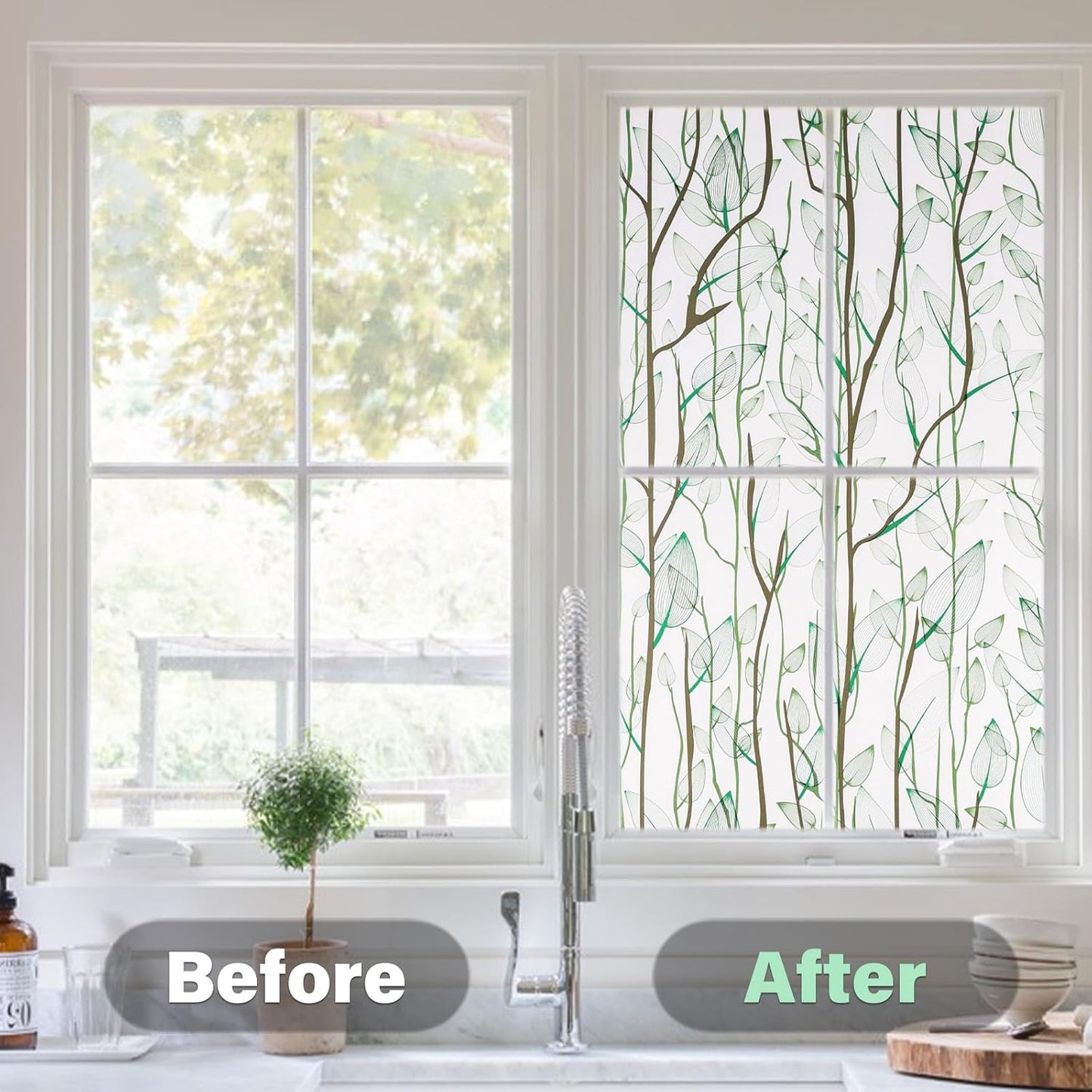 Donox Frosted Glass Window Film Heat Control UV Blocking, Static Cling Reusable Home Bathroom Door Window Privacy Film, Green Leaf Pattern Window Covering with Installation Tool, 17.5 in x 13.1 feet