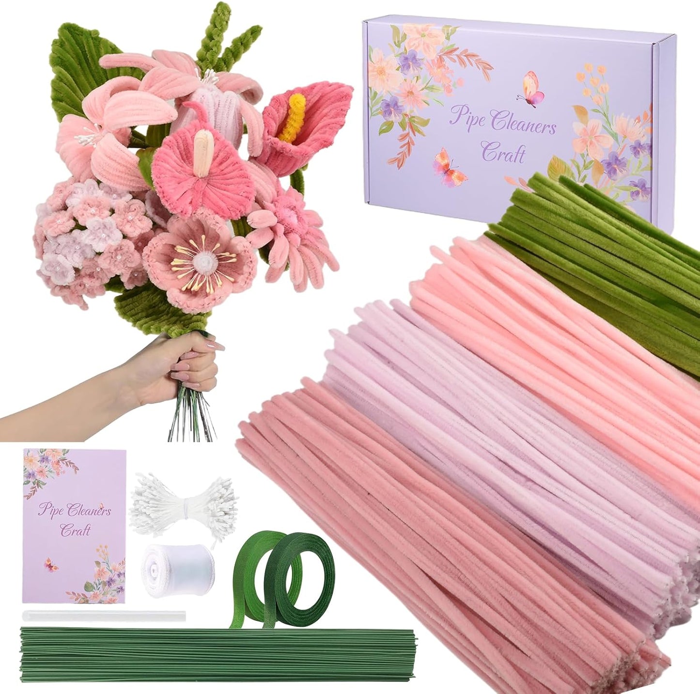 400 Pcs Pipe Cleaners Craft Set, 4 Assorted Pink Pipe Cleaners Bulk, Chenille Stems for DIY Flower Making Kit with Floral Stems, Gardening Tape, Stamen, Ribbon for DIY Bouquet Gift (Pink)