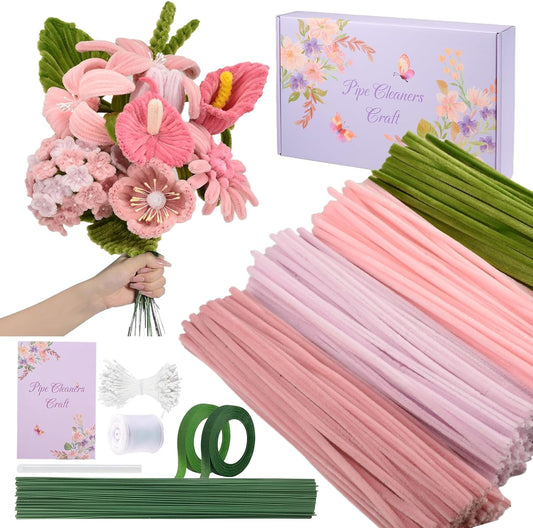 400 Pcs Pipe Cleaners Craft Set, 4 Assorted Pink Pipe Cleaners Bulk, Chenille Stems for DIY Flower Making Kit with Floral Stems, Gardening Tape, Stamen, Ribbon for DIY Bouquet Gift (Pink)