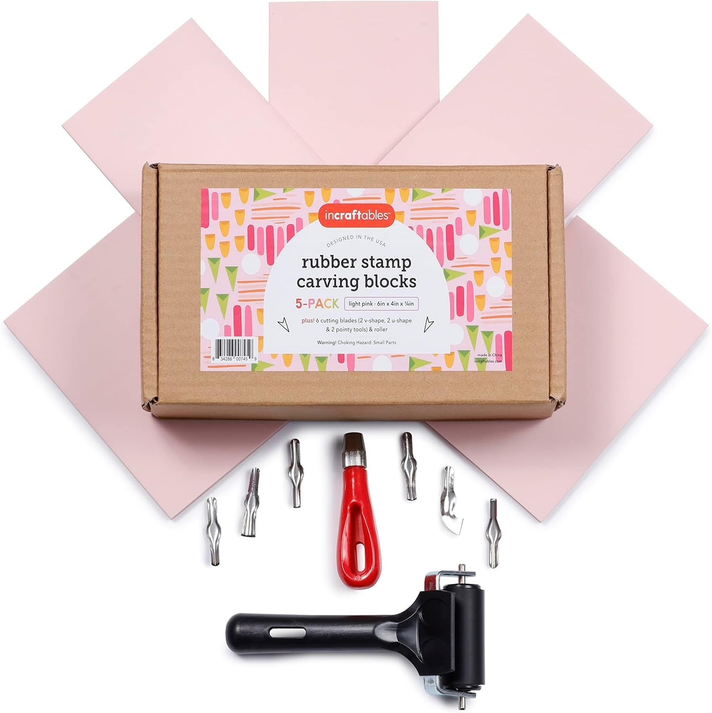 Incraftables Linocut Block Printing Kit – Includes 5 Soft 4" x 6" Rubber Blocks and Carving Tools – Complete Rubber Stamp Making Kit for Beginners, Artists & DIY Crafts