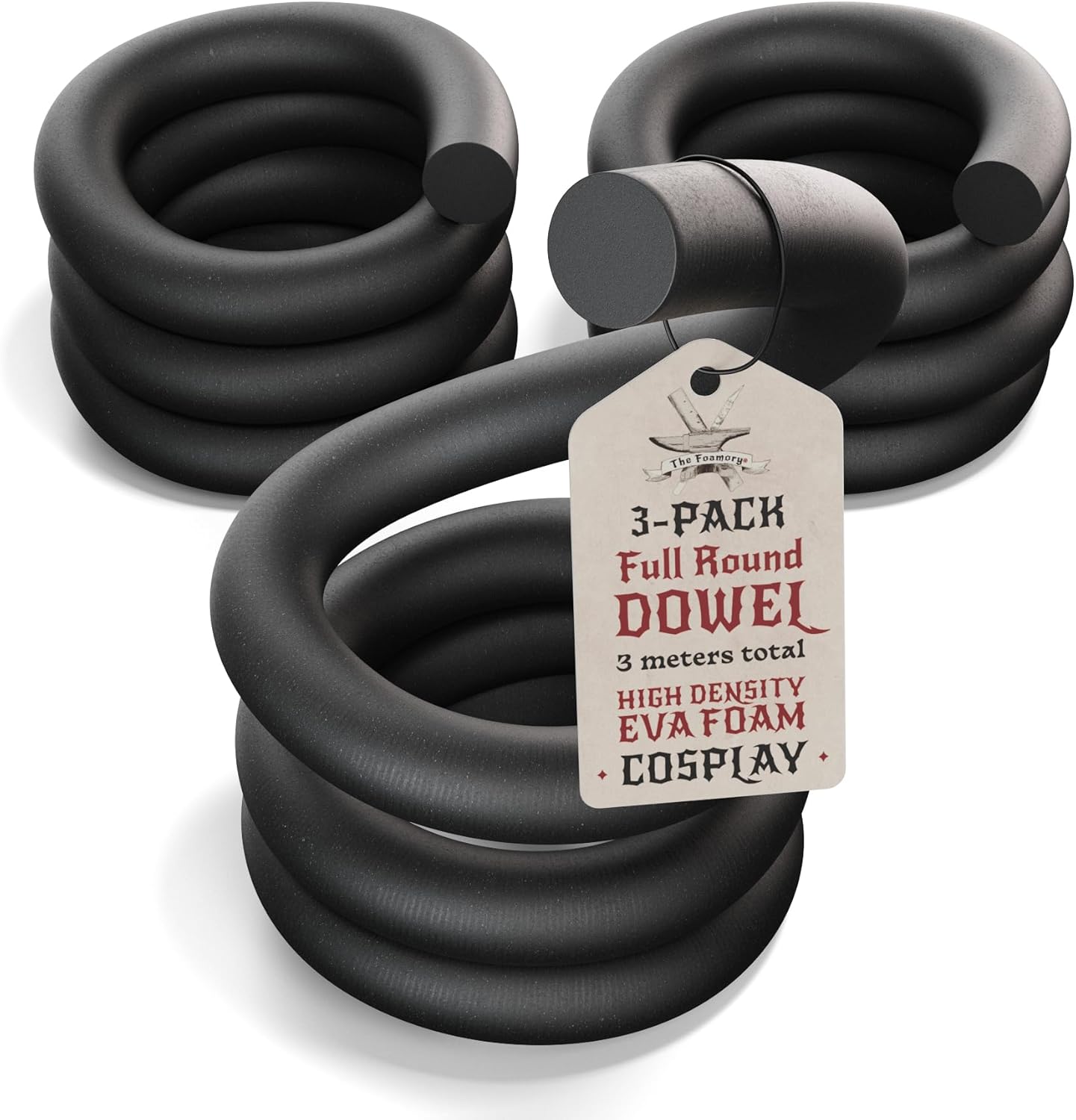 The Foamory's No Waste Full Round EVA Foam Dowels. 3 Pack 5-40mm x 1M High-Density Black Craft Foam Sticks. Pre-Cut, Paint-Ready Cosplay Trim. Time Saving, Bevel Enhances Armor, Weapons and Costumes