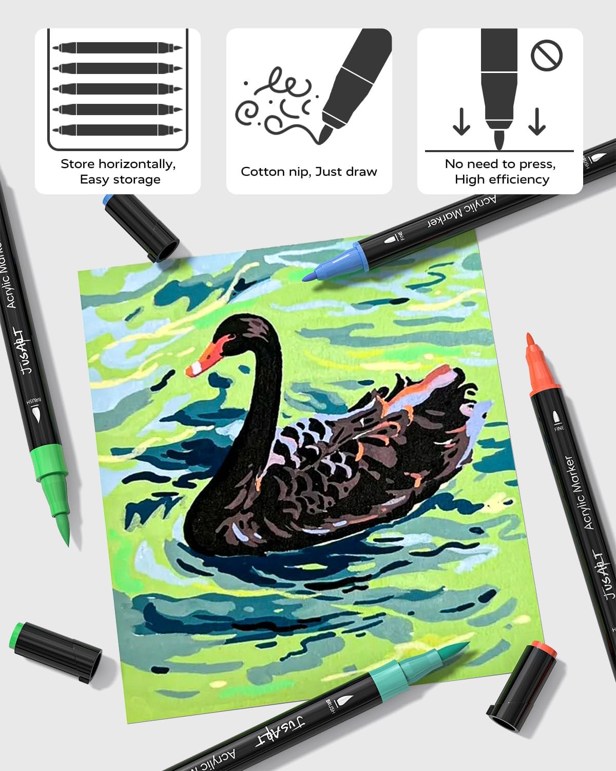 JusArt 48 Colors Dual Tip Acrylic Paint Pens Markers, Brush and Fine Tip, Premium Paint Pens for Wood, Canvas, Egg, Stone, Fabric, Rocks, Metal, Glass, Ceramic, DIY Crafts Making Art Supplies Gifts
