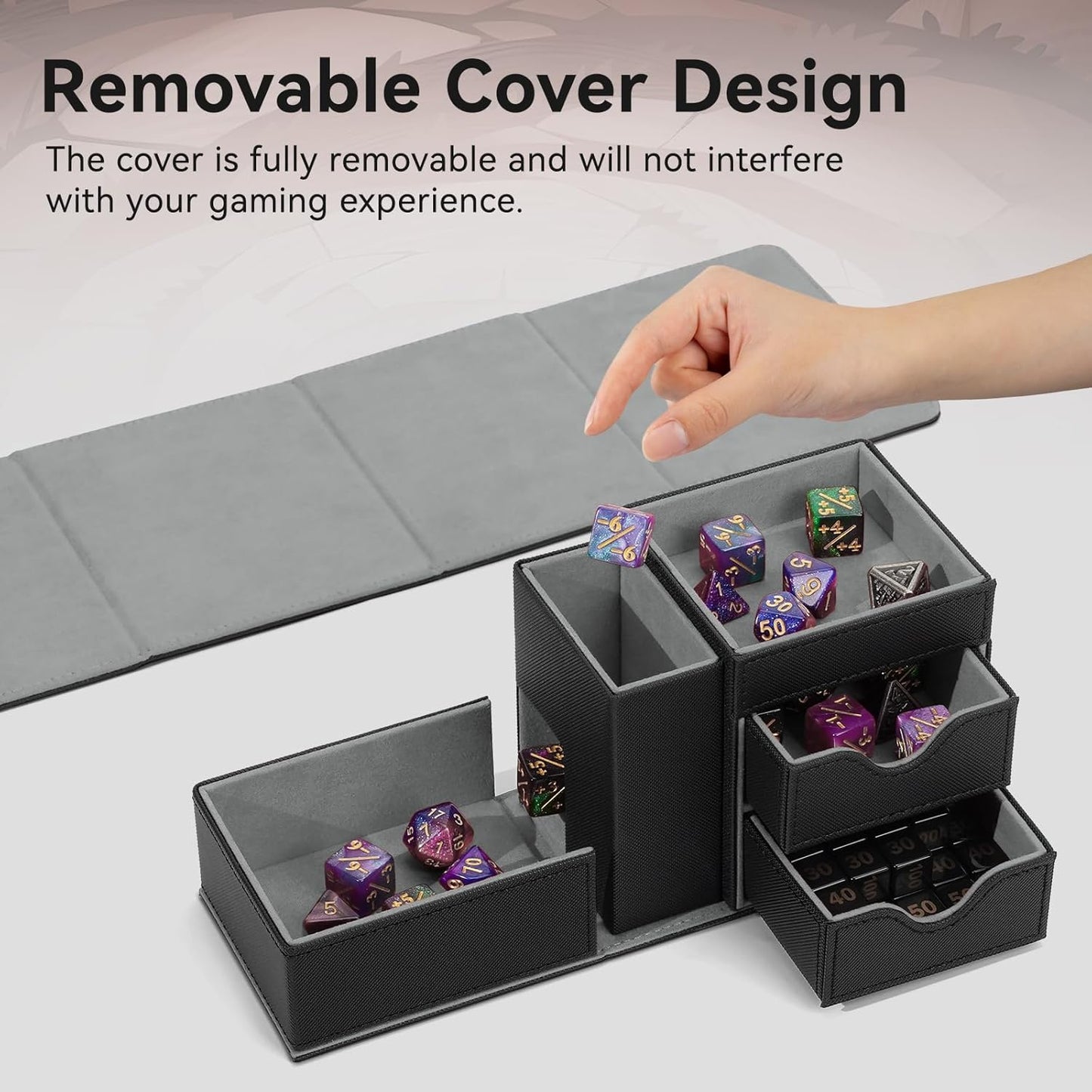 Dice Tray & Dice Tower Storage Box, 3 in 1 Dice Holder Case (Dice Rolling Tray, Dice Rolling Tower, Dice Storage Drawers), Leather Magnetic Closure DND Accessories Gifts for RPG MTG, Black/Grey