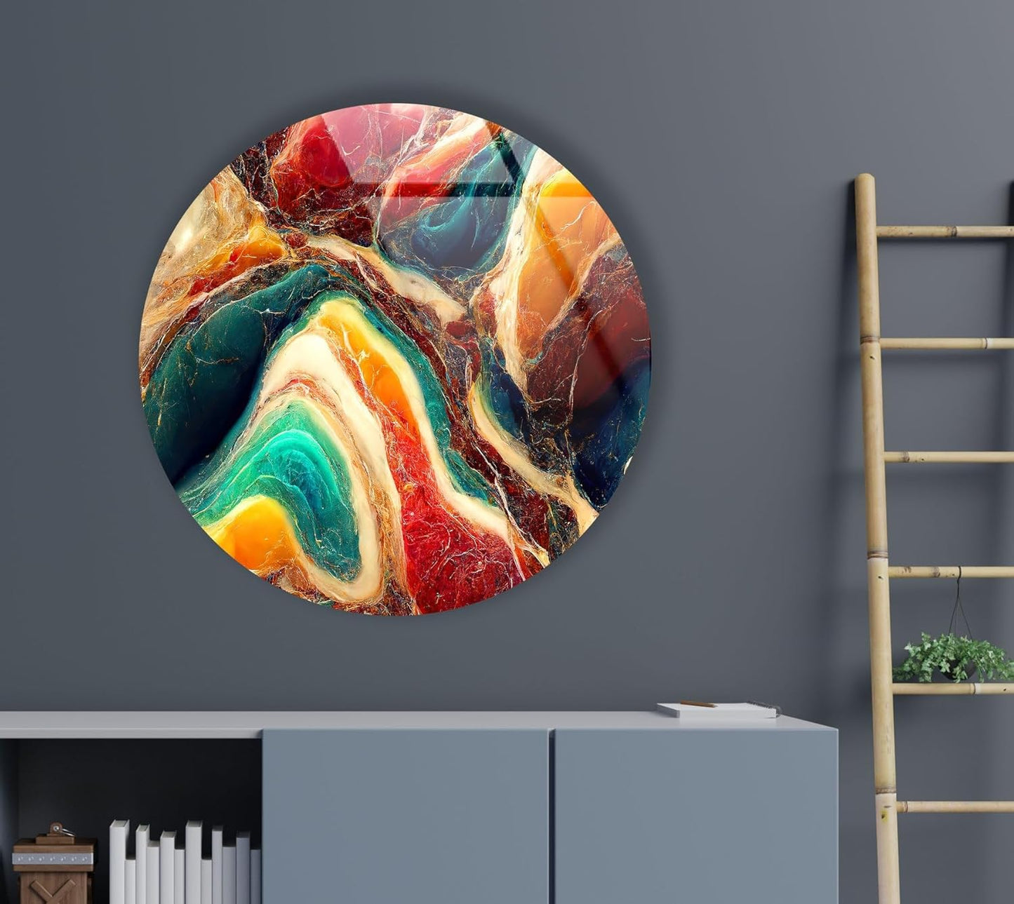 My Photostation.com 20''(50cm) Diameter Colorful Marble Swirl Round Wall Art Abstract Glass Decor with Earthy Tones & Gemstone Texture