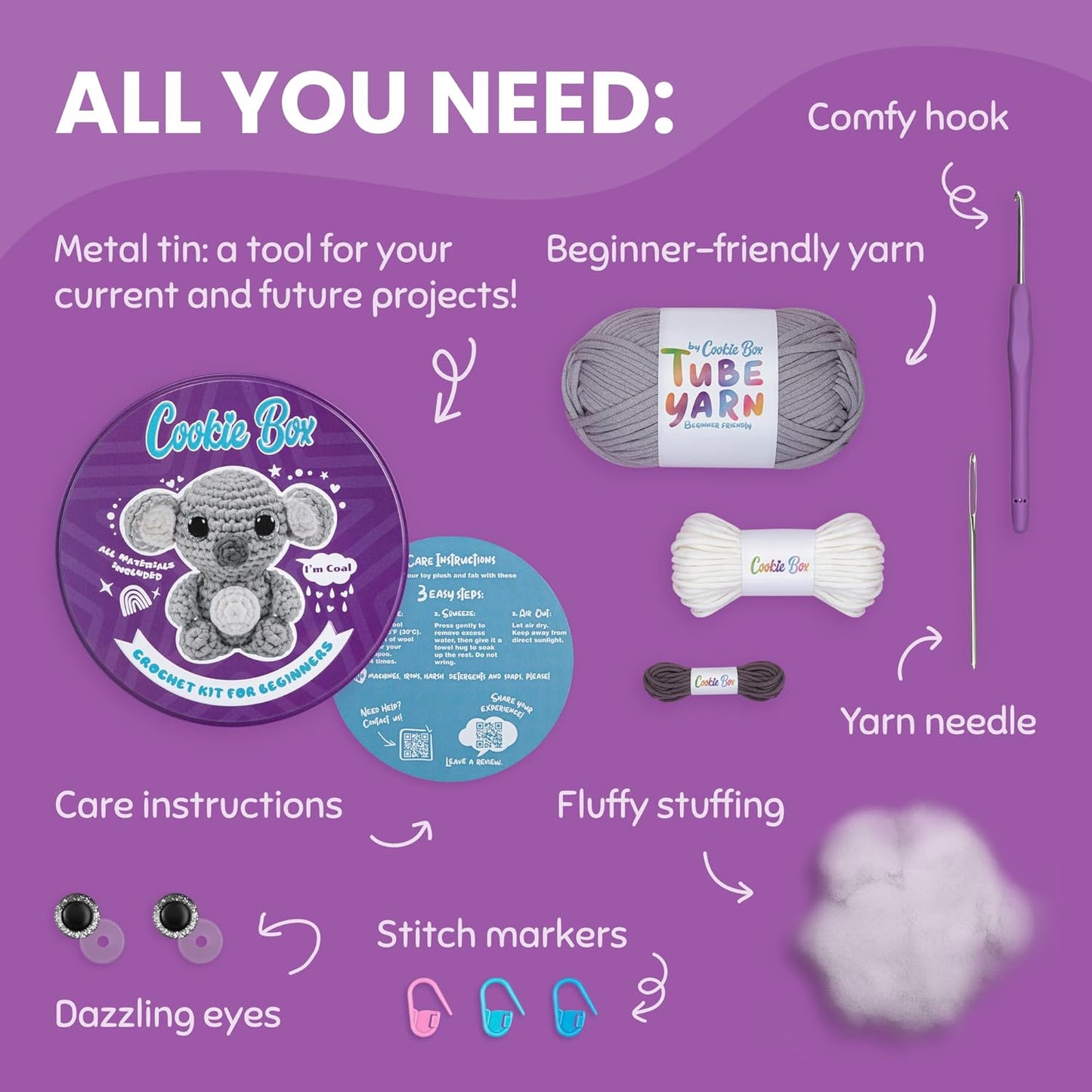 Cookie Box Crochet Kit for Beginners – Gift Set to Make Koala Coal Amigurumi Plushie – Easy DIY Crochet & Knitting Starter Kit with Video and PDF Tutorials