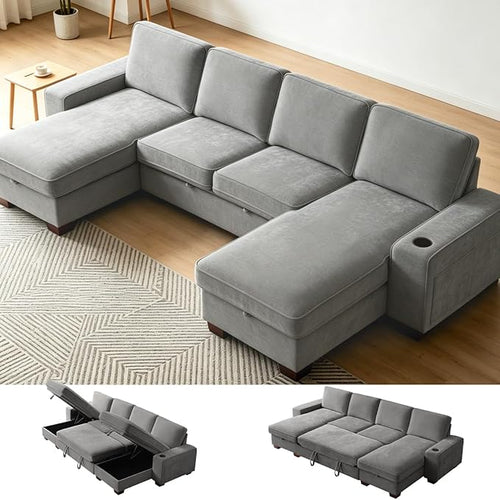 129" Convertible Sleeper Sofa Bed, L Shaped by ASHOMELI