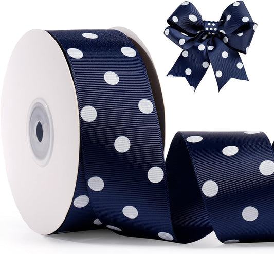 Polka Dot Grosgrain Ribbon 1.5 Inch, 25 Yards Spool Navy Blue and White Dot Craft Ribbon for Christmas Gift Wrapping DIY Crafts Hair Bows Wedding Party Decor Sewing and Home Decoration