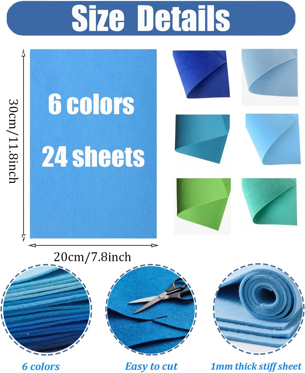 Blue Stiff Felt Sheets for Craftes, 24 Pcs 8 x 12 Inch 1mm Stiff Felt Fabric Sheet Assorted Blue Colors for Craft Supplies