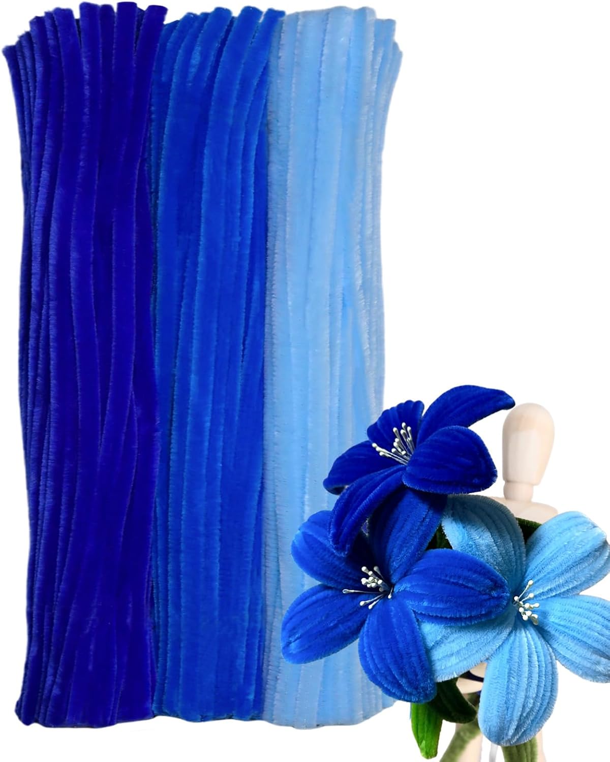 Blue Color Trio Pipe Cleaner Set - 300pcs, Thick Fluffy Chenille Stems for Arts & Crafts, Perfect for Making Animals, Flowers, and Festive Decorations(12 inches x 0.24 inches)