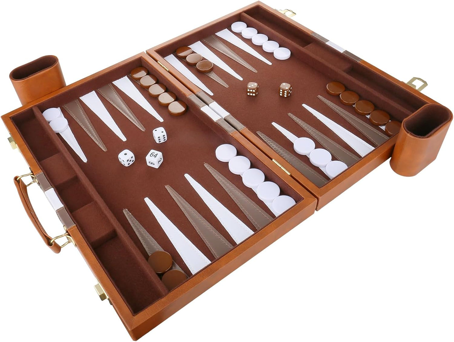 Backgammon Set - Classic Board Game with Premium Leather Case - Portable Travel Strategy Backgammon Game Set for Adults, Kids - Suitable as (15inch, Brown)