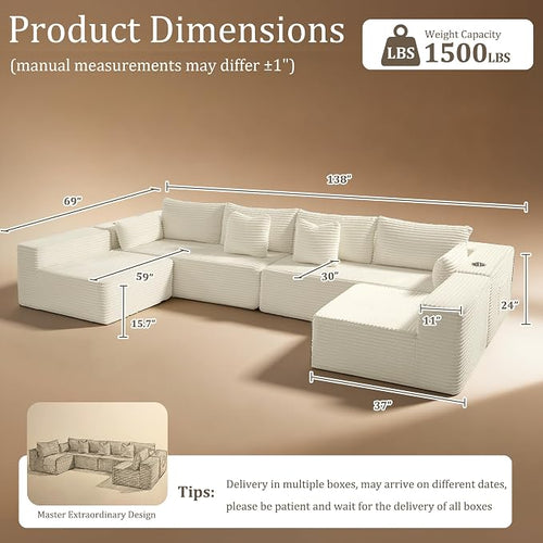 138" Cloud Sectional Couch, Comfort U Shaped Sofa - Image 2