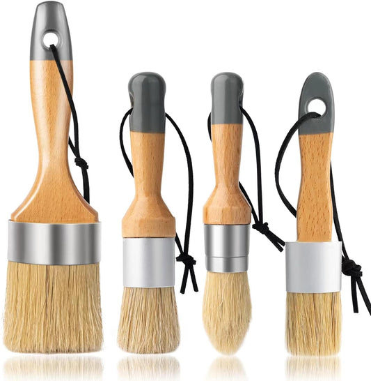 Chalk and Wax Paint Brush Furniture Set of 4, Small Round and Large Oval Brush with Natural Bristles, Perfect for Painting or Waxing Furniture, Ideal for Home Decor