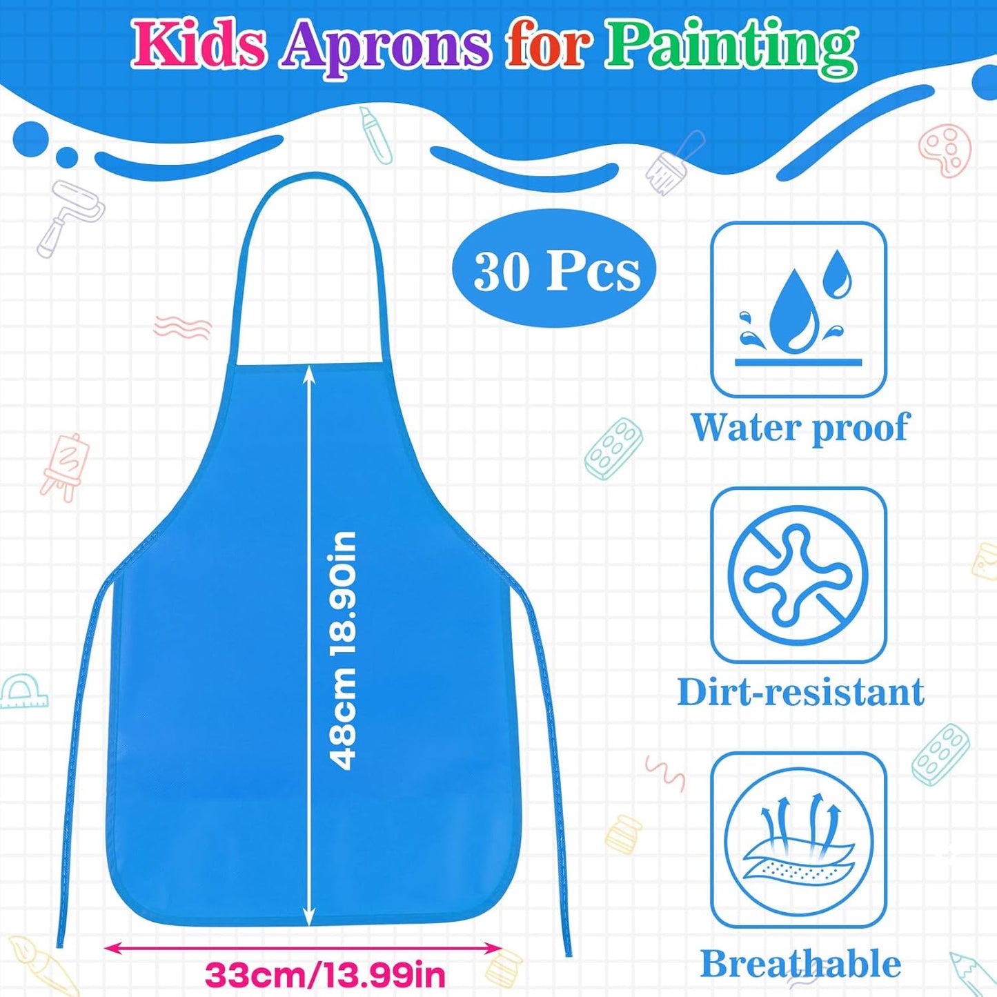 PLULON 30 Pcs Kids Apron Painting Aprons Kids Aprons for Painting Blue Art Smocks Bulk for Art Activity Craft Home Kitchen Classroom Party Supplies