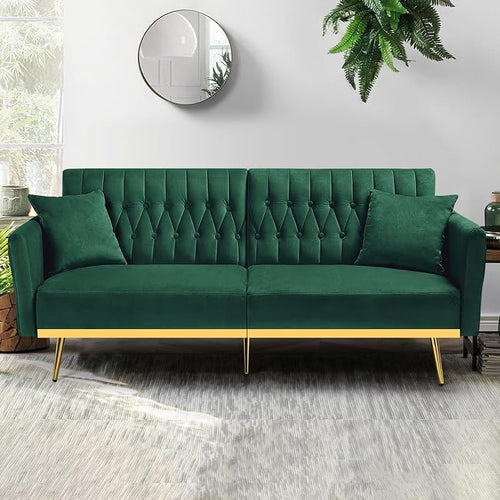 70” Velvet Futon Sofa Bed w/Adjustable Backrests and Armrests, Convertible - Image 2