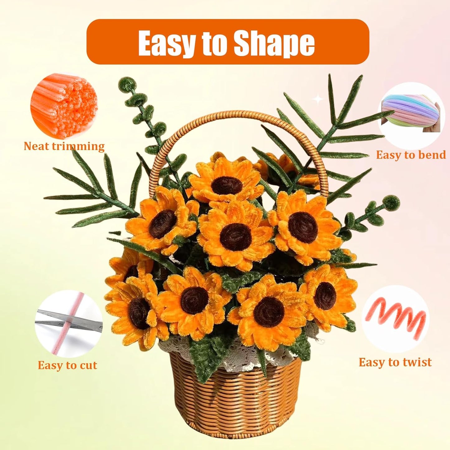 400 Pcs Pipe Cleaners Craft Set, 5 Assorted Pipe Cleaners Bulk, Chenille Stems for DIY Flower Making Kit with Floral Stems, Gardening Tape, Stamen, Ribbon for DIY Bouquet Gift (Sunflower)
