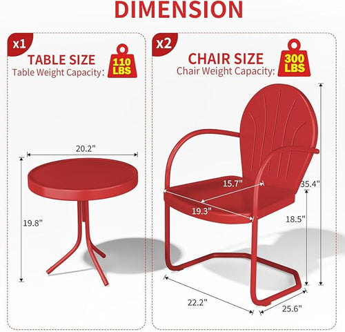 3 Piece Bistro Set, Anti-Rust Table and Chairs Set of 2, Waterproof Retro Metal - Image 2