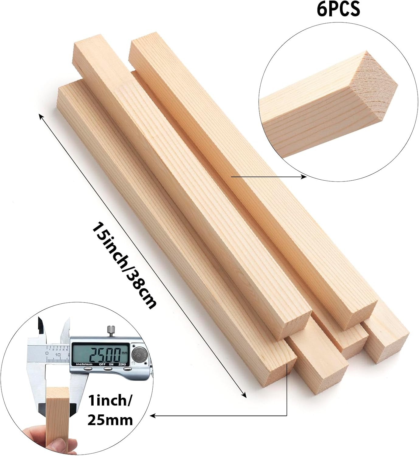 Square Wooden Dowel Rods, 6 PCS 1" x 15" Square Wood Dowels Wooden Sticks for Crafting, Unfinished Hardwood Sticks Wooden Strips for Woodworking, Crafting, Arts and DIYers, Home Decor, Model Making