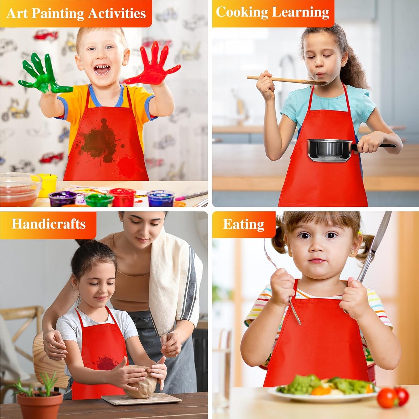 24 Pieces Red Kids Painting Aprons Kids Art Aprons with 2 Roomy Pockets Kids Aprons for Art Painting Activity Kitchen Crafts