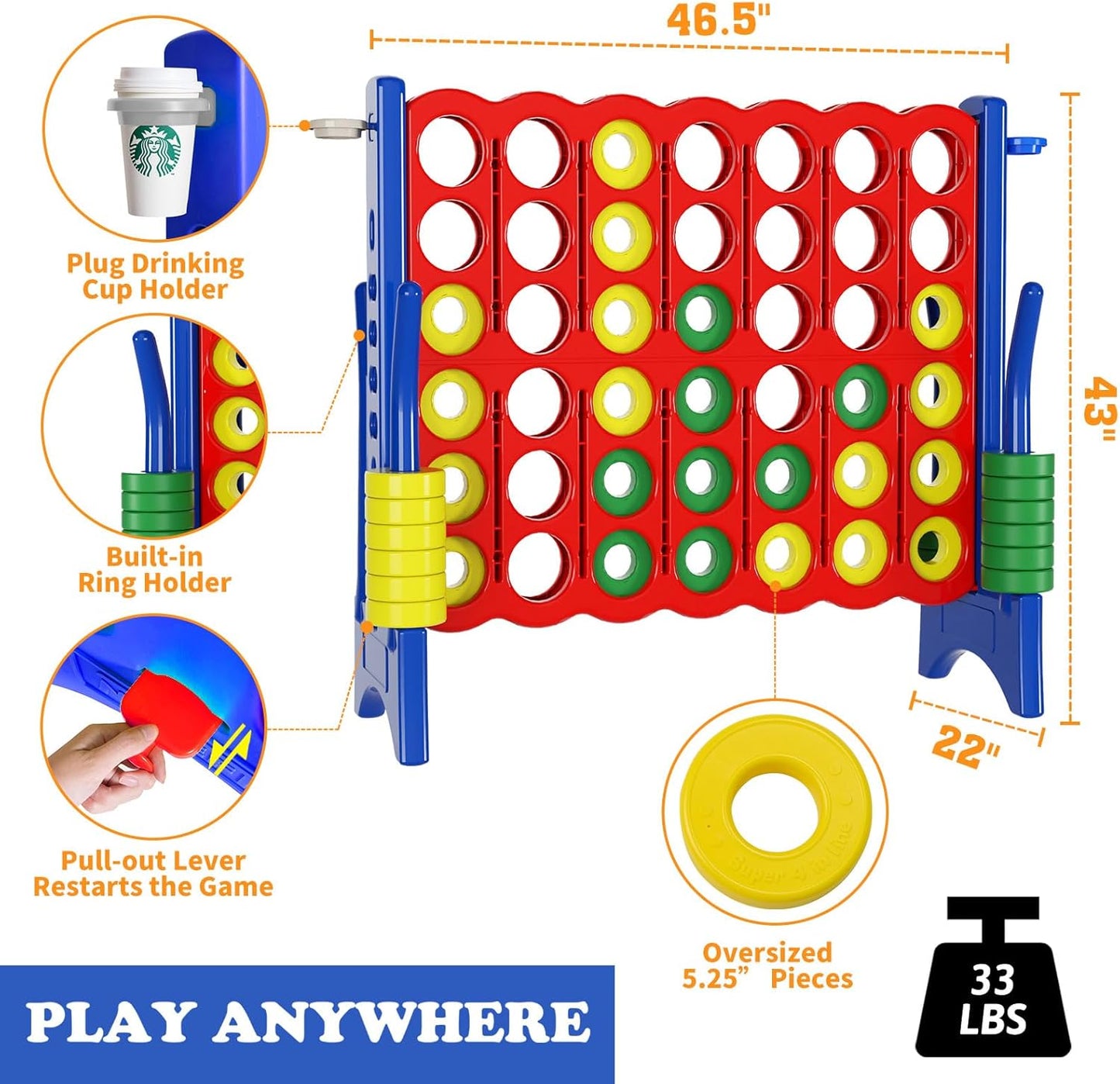 Oversized 4 in a Row Connect Game+Waterproof Carry Bag,Included-4 ft X 3.5 ft Tall,4-to-Score Jumbo with 44 Pieces Rings&Drink Holder,48” Super Size-Indoor&Outdoor Giant 4 Game for Kids&Adults