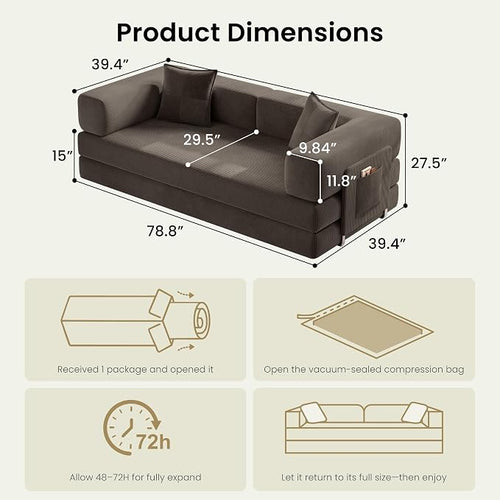 78.8" Convertible Futon Sofa Bed, Corduroy Futon Couch - Image 2