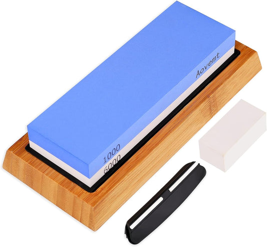 Knife Sharpening Stone, Premium Knife Sharpening Kit, 2 Side Grit 1000/6000 Whetstone, Wet Stone, Nonslip Base, Angle Guide and Flattening Ston e