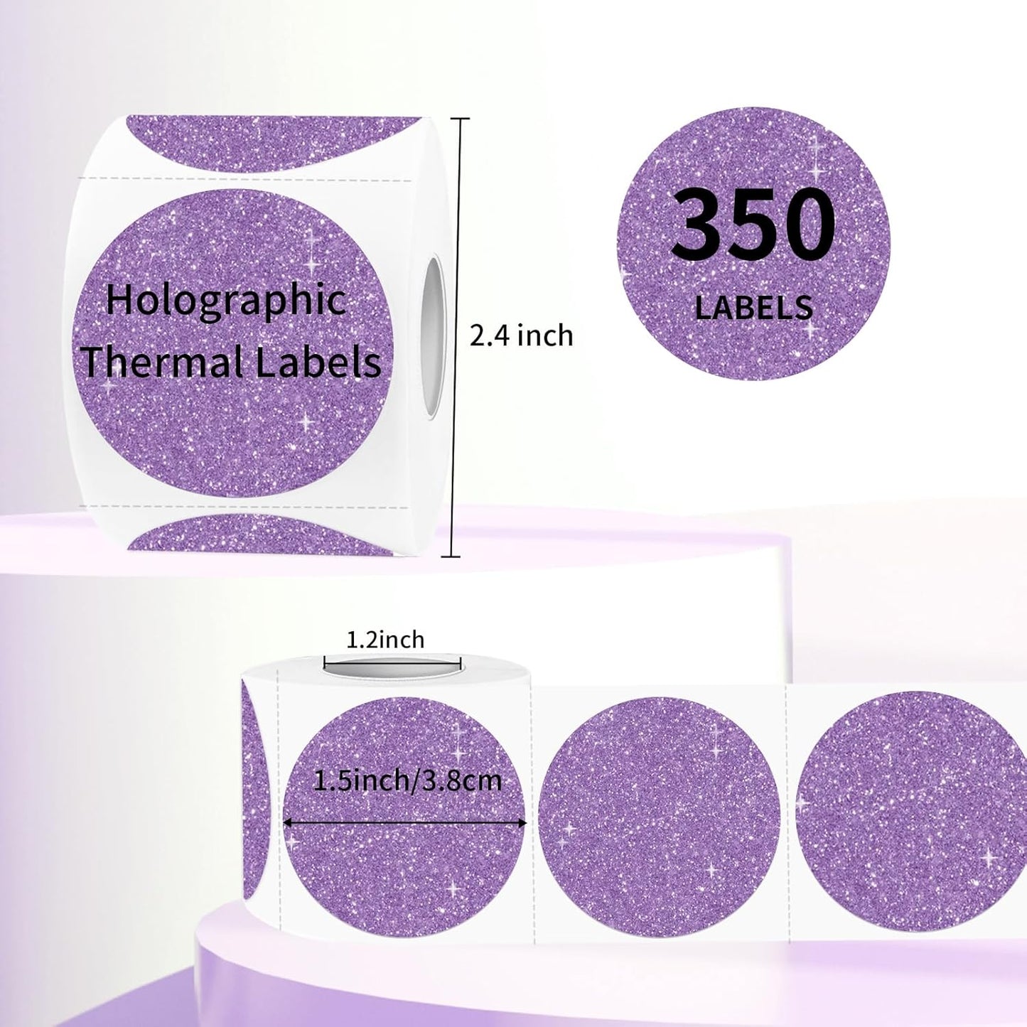 1.5" Holographic Direct Thermal Label Stickers, Round Printable Thermal Printer Sticker Labels for Gift Wrapping, Self-Adhesive- Glitter Purple