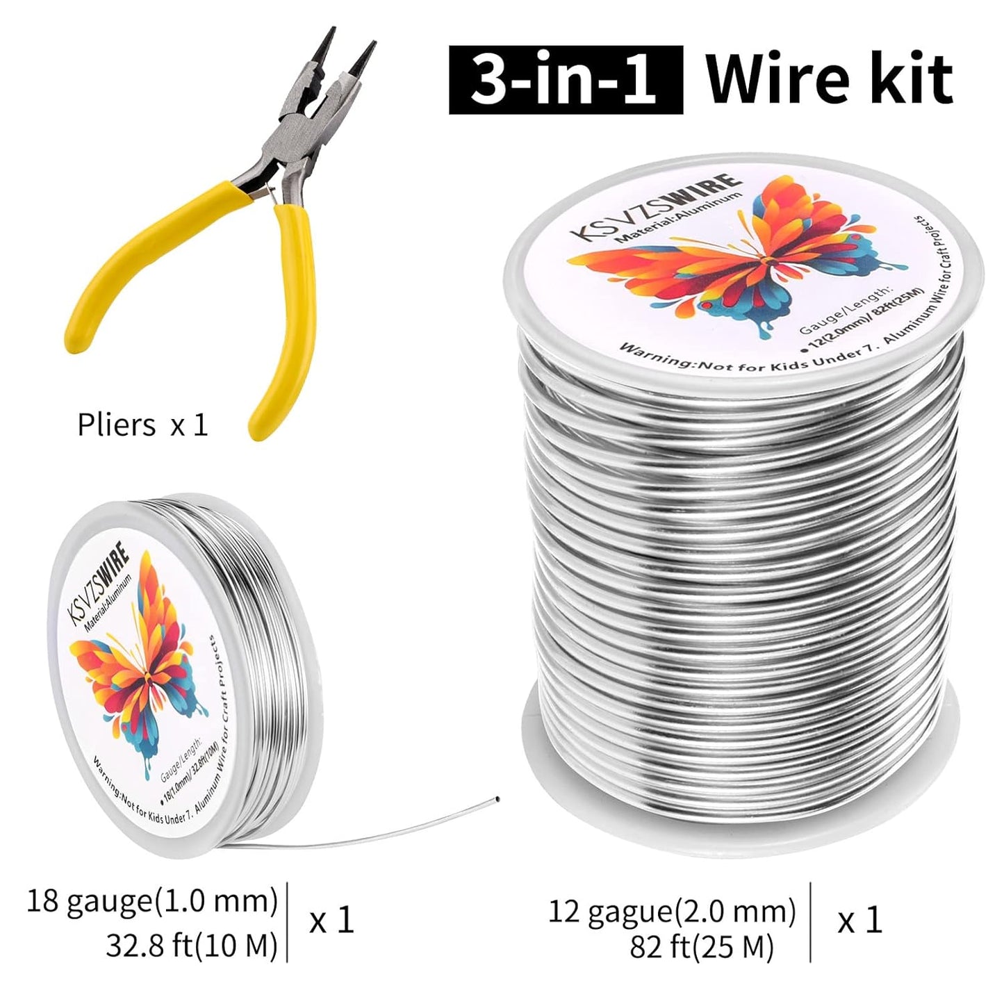 12 Gauge(2.0mm) Aluminum Wire 82 Feet(25M) KSVZS Bendable Metal Wire for Crafts, Sculpting, Armature, Jewelry Making【3-in-1】+18Gauge(1.0mm) 32.8Ft(10M)+1 Pliers(Silver)