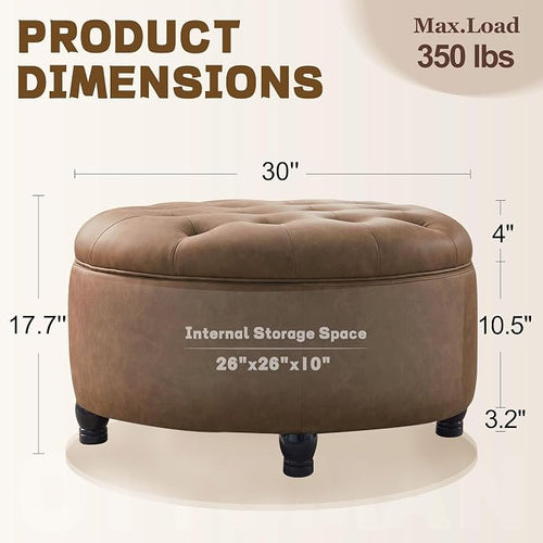 30-Inch Round Storage Ottoman, Button Tufted Ottoman Coffee Table - Image 2