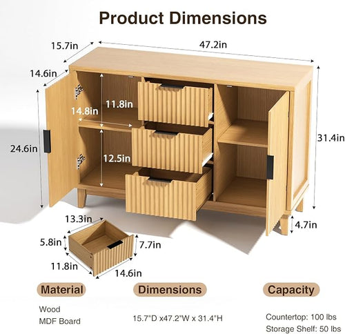 47.2" W Storage Cabinet with 3 Drawers, Fluted Buffet Cabinets with Storage - Image 2