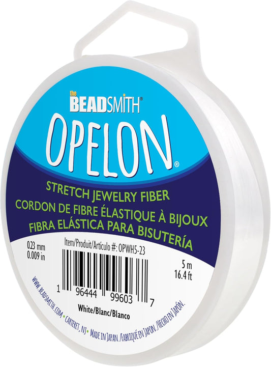 The Beadsmith Opelon Stretch Cord – Elastic Beading Fiber, White, 0.23 mm Diameter, 5 Meters (16.4 ft) Spool