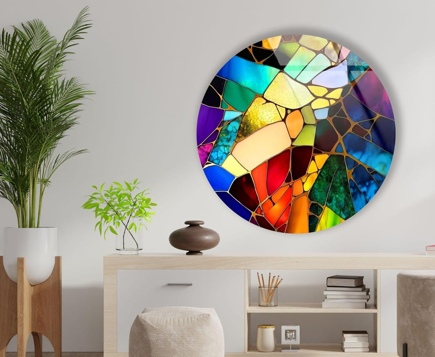 My Photostation.com 39,4''(100cm) Diameter Multicolor Round Stained Glass Wall Art Vibrant Mosaic Abstract Panel Tempered Glass Printing Wall Decor Large Wall Art Wall Hangings