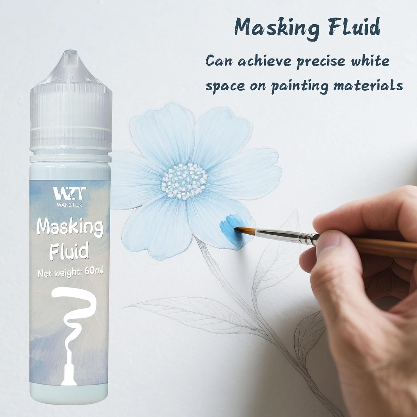 2Pcs Masking Fluid for Watercolor Painting with a Paintbrush and Eraser - Art Masking Fluid Pen Watercolor Medium Art Supplies for Artists - 60ml Blue+60ml White