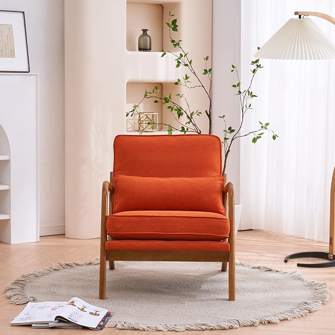 Bonnlo Linen Burnt Orange Mid Century Modern Accent Chair, Soild Wood Padding - Image 5