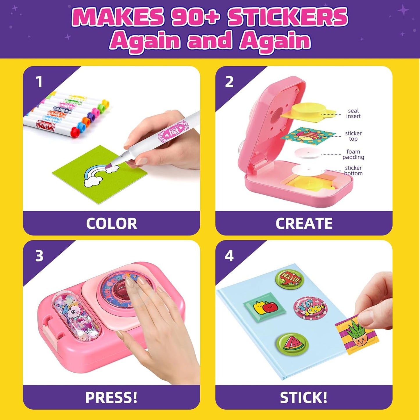Sticker Maker 90 Refill Kit - Make Your Own 3D Stickers for Kids - DIY Arts and Crafts for Kids Ages 6-10 - Creative Craft Kits Gifts for Girls Boys Year Old Classroom Rewards