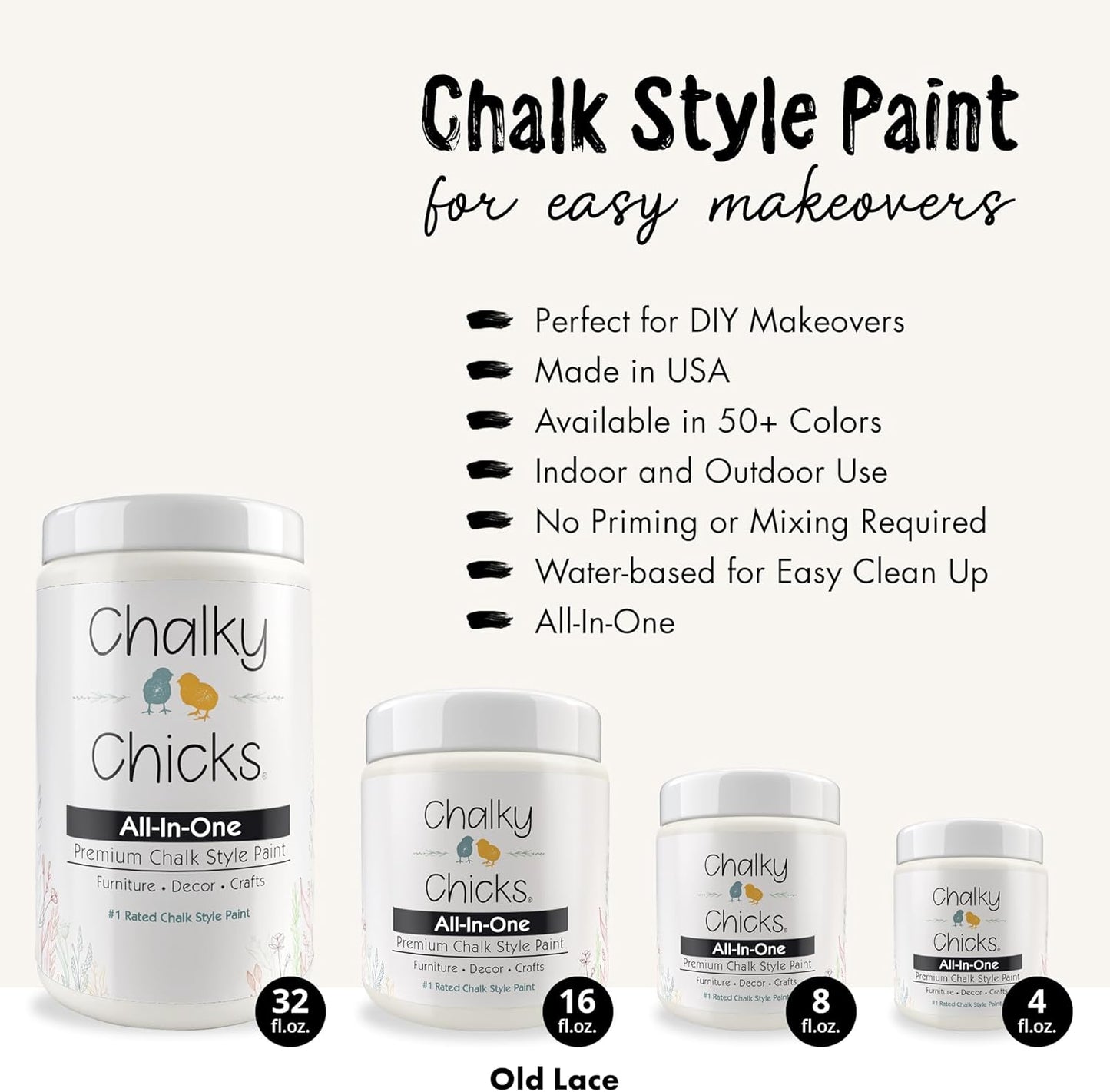 Chalky Chicks All-in-One Chalk Paint for Furniture or Cabinet - 8 Fl Oz - Matte Finish Old Lace (Off White) for Metal, Wood Furniture Paint - No Sanding All-in-One for Home Decor & Crafts, USA Made