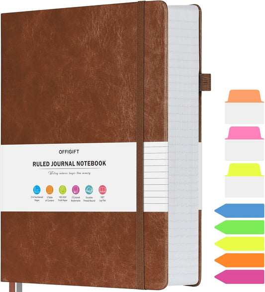 Lined Journal Notebook, Large A5 Hardcover Leather Journal, 312 Numbered Pages Work Notebook, 100gsm Thick Paper, College Ruled Notebook for Women Men School Office, 5.75" x 8.38", Brown