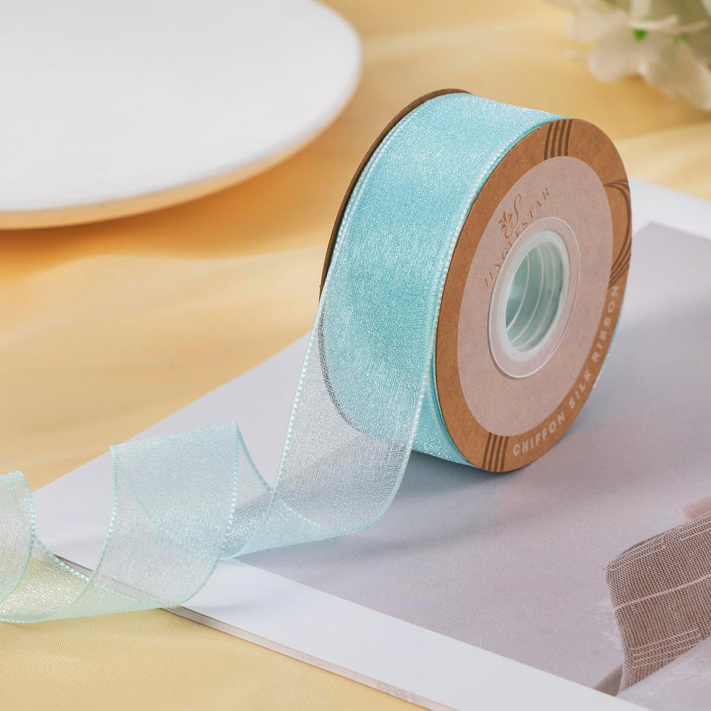 1 Inch Wide Sheer Chiffon Ribbon - Pearl Silk Woven Ribbon Suitable for Gift Wrapping, Wedding Decor, Home Decor, Girl Hair Accessories Handmade DIY (25 Yards/roll) (Tiffney Blue)