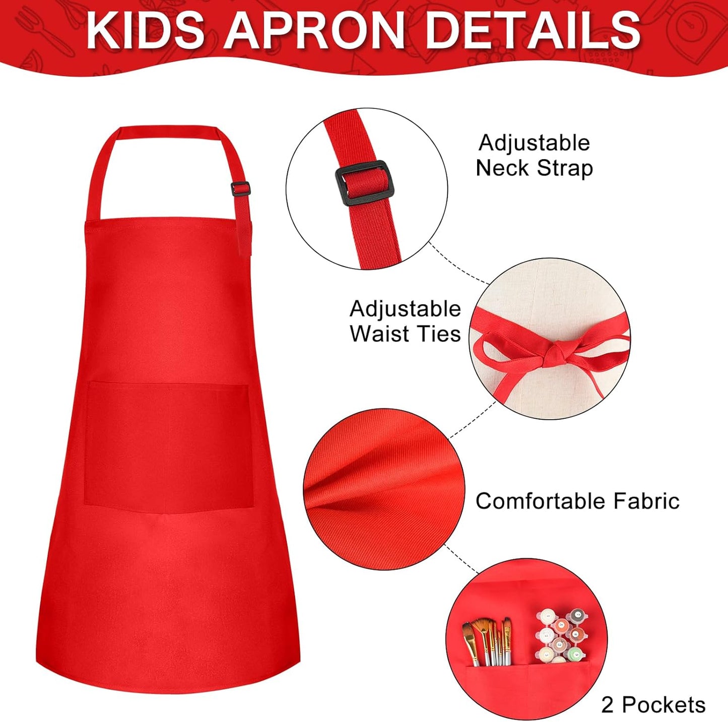 PLULON 12 Pcs Aprons for Kids Adjustable Kids Red Apron Bulk with Pocket Painting Aprons For Boys Girls Painting Cooking Baking (Red)