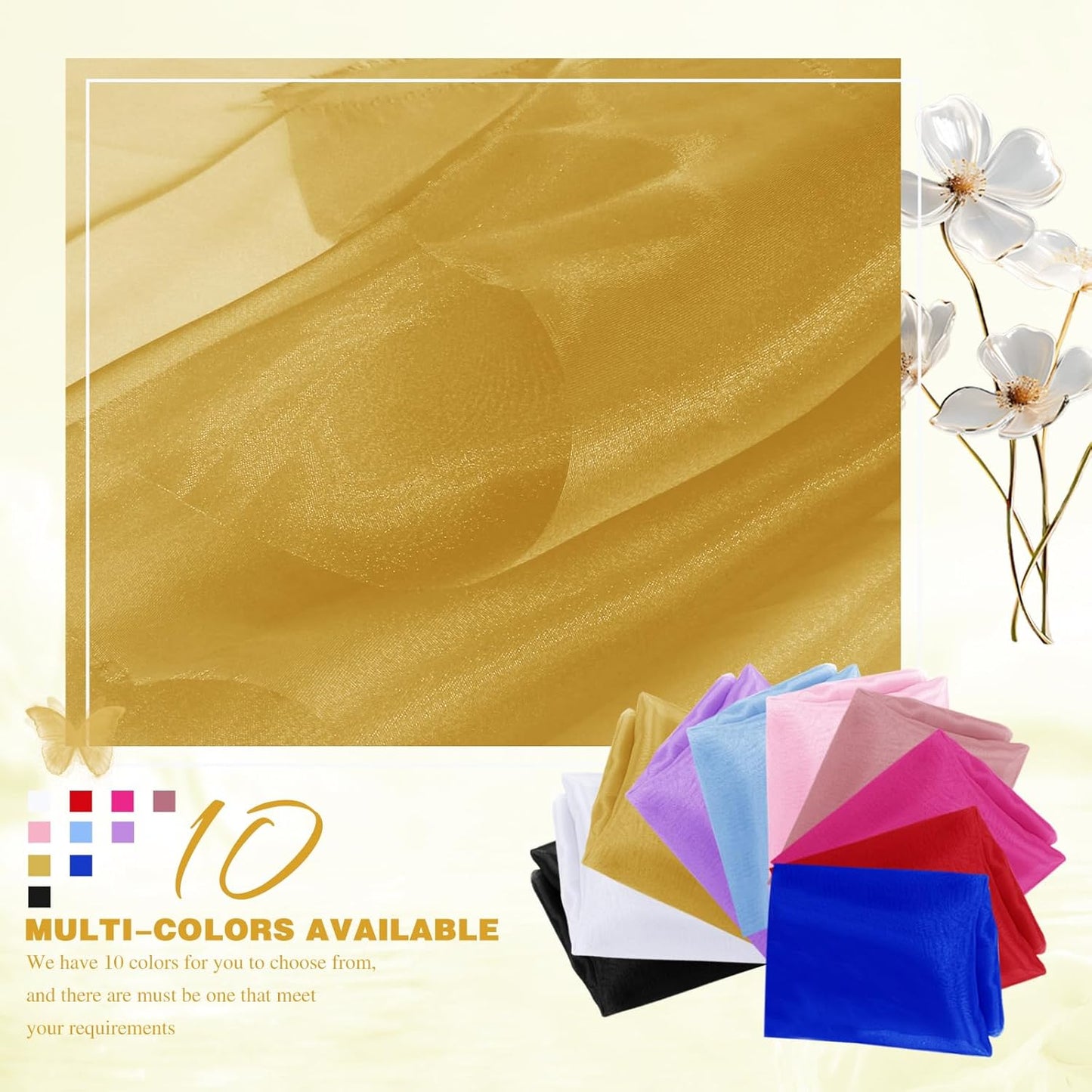 VACVELT Sheer Organza Fabric by The Yard, 60 Inch Wide Gold Organza Fabric Bolt Bridal Sheer Tulle Fabric, Silk Organza Roll for Wedding Party Decorations Backdrop Curtain (1 Yard)