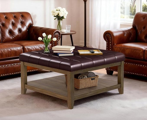 ABHENG 31.5” Large Square Storage Ottoman, Upholstery Solid Rubberwood Coffee by Liveinacomfortablehome