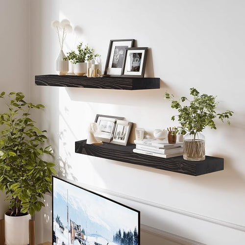 24x8x1.6 inch Floating Shelves Set of 2 – Solid Wood Rustic Black Wall Mounted - Image 2