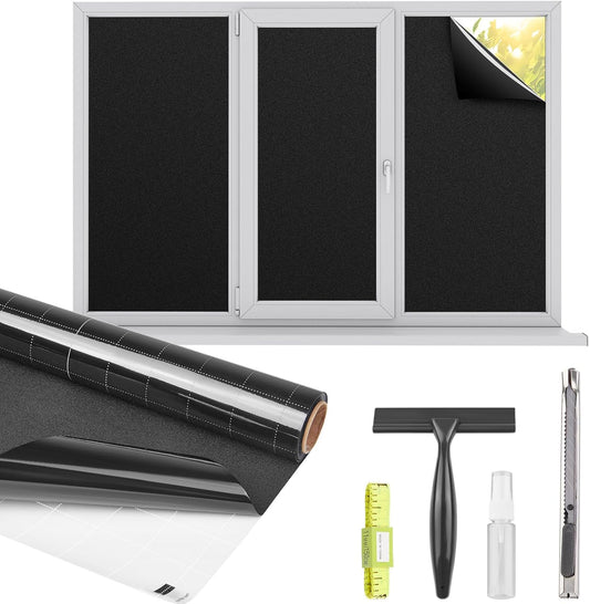 Kromapolis Blackout Window Privacy Film Total Light Blocking Room Darkening Window Covering, Removable Static Cling Frosted Glass Tint, Non-Adhesive, Black 29.5'' x 157.4''