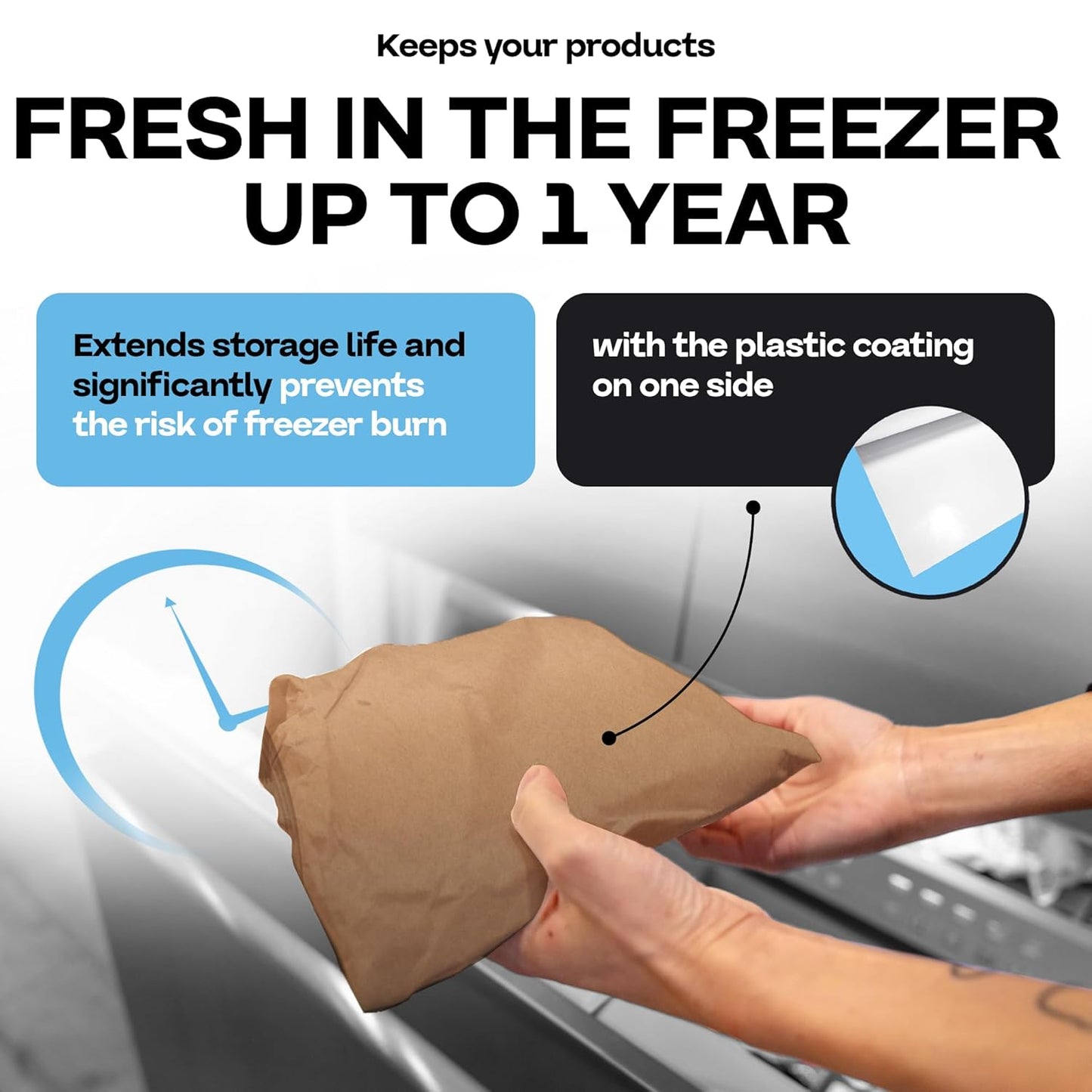 Brown Freezer Paper Roll 18" x 1800" (150 feet) with Cutter - USA-made Freezer Paper for Meat & Fish - Poly-Coated Food Wrapping Material for Freezing - Barrier Against Air & Moisture by IDL Packaging