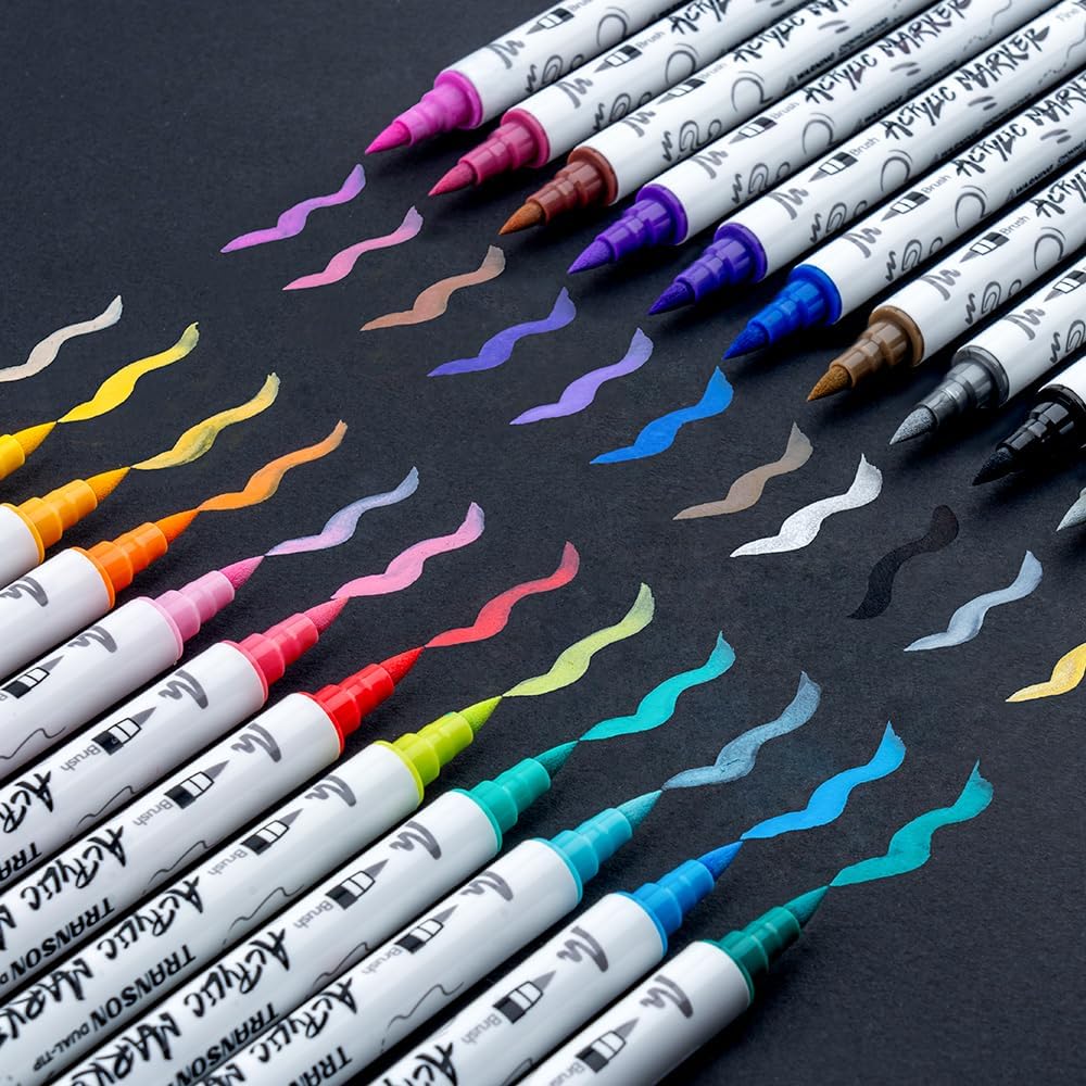 TRANSON 24 Colors Fine and Brush Dual-tip Acrylic Paint Marker Pen Set for Canvas Rock Wood Leather Ceramic DIY Painting