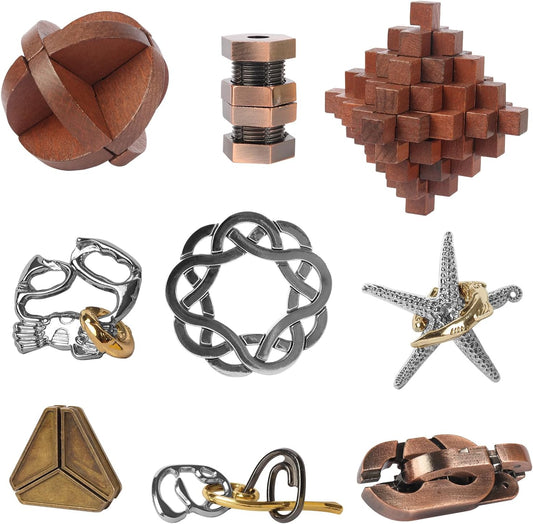 9pcs Retro Wooden and Metal Puzzles Bulk Gift for Kids, Teens, and Adults Unlock Interlock Brain Teaser Toys Game.