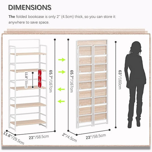4NM No Assembly 5 Tiers Folding Bookshelf Storage Shelves Vintage Bookcase - Image 2