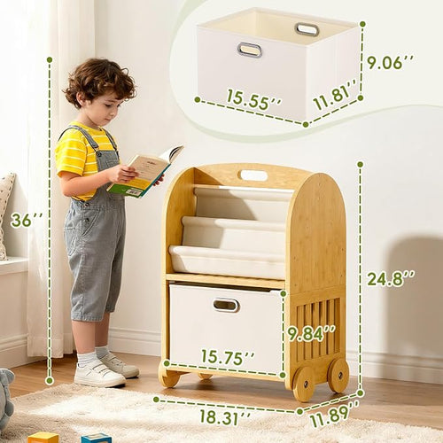 2-Sided, 3-Tier Bamboo Kids Bookshelf, Montessori Shelf - Image 2