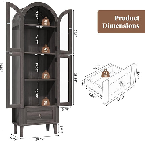 71" Tall Arched Cabinet with Acrylic Door, Modern Curio Arched Bookcase W/Drawer - Image 2