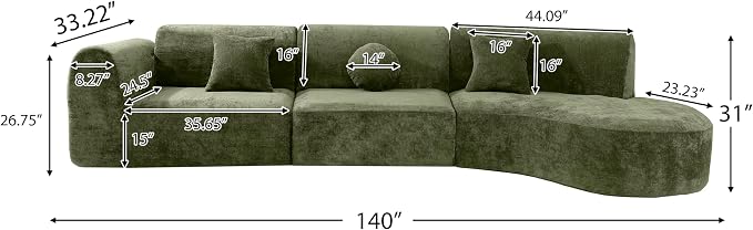 Merax 3-Piece 140" Sectional Modular Sofa Set, 4 Seat Curved Modern Cloud Couch - Image 2