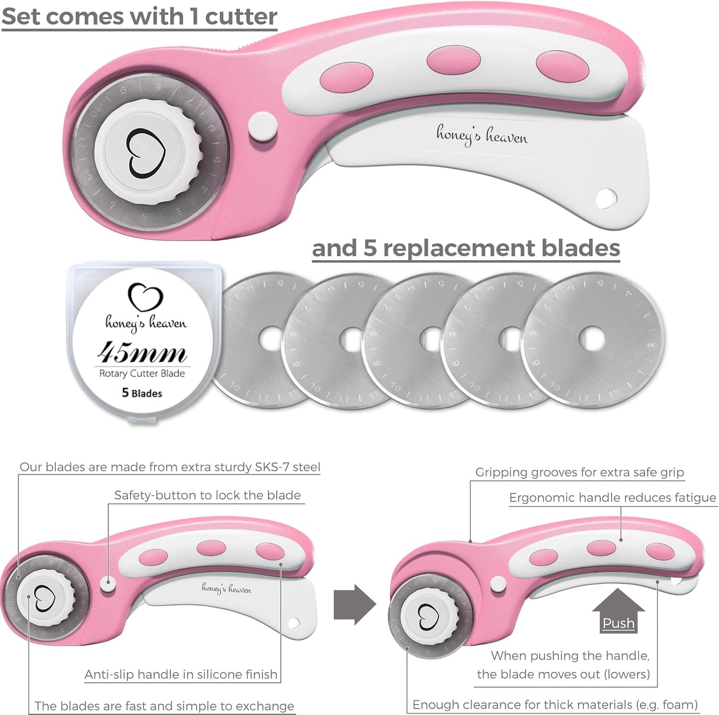Rotary Cutter Set - Quilting Kit incl. 45mm Fabric Cutter, 5 Replacement Blades, A6 Cutting Mat and Craft Clips - Ideal for Crafting, Sewing, Patchworking, Crochet & Knitting (Pink, A6)